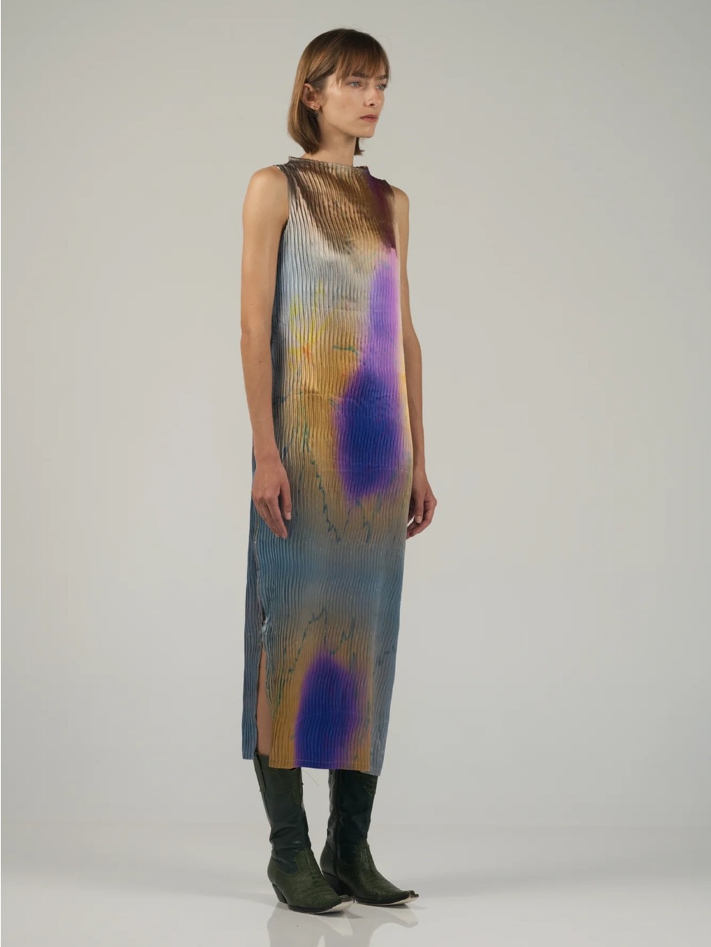 Nin Studios Sleeveless Maxi Dress with Purple & Gold Tie-Dye Detail